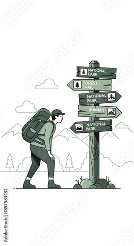Adventurer Facing Multifaceted Choices at Scenic Mountainous Crossroads Signpost