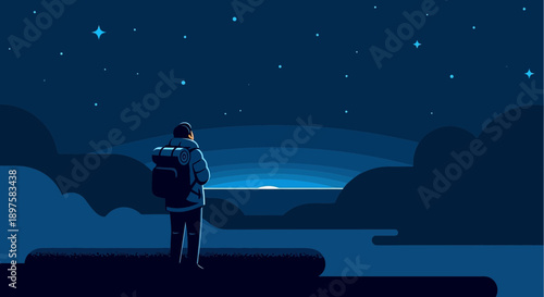 Adventurer Gazes At The Starry Night Sky Over Horizon
