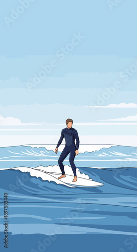 A Solo Surfer Rides A Gentle Wave Under A Bright Sky
