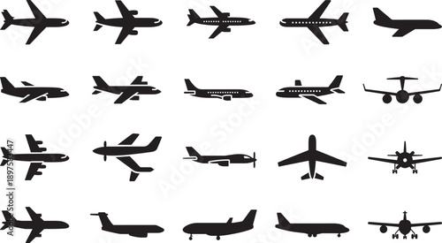 Collection of black silhouette airplane icons showing various aircraft types