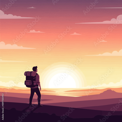 Adventurer Gazing At A Majestic Sunset Over Serene Water Body