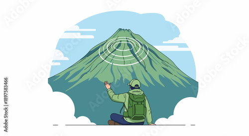 Adventurer Gazing At Majestic Mountain With Concentric Signal Waves Above