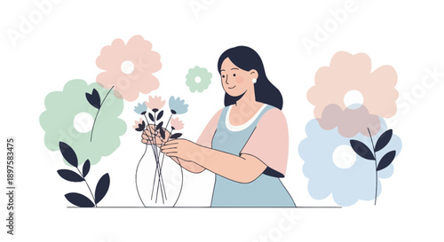 A Woman Arranging Flowers In A Minimalist Style Decorative Vase