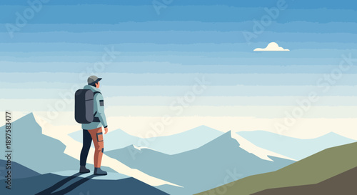 Adventurer Gazing Over Vast Mountain Peaks With Clear Sky