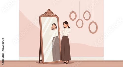 A Woman Gazing Into An Ornate Mirror Reflecting Her Appearance