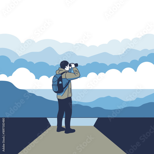 Adventurer Gazing Through Binoculars at Distant Mountain Peaks