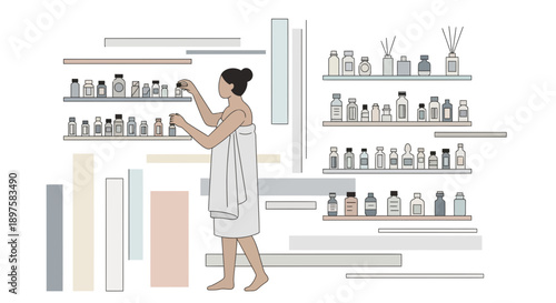 A Woman Selects Skincare Products From An Organized Shelf Display