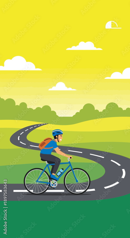 Naklejka premium Active Cyclist Navigates Winding Rural Road Under Sunny Skies