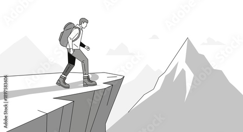 Adventurer On Cliff Edge Facing Majestic Mountain Peaks Landscape