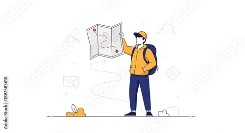 Adventurer Planning Expedition Route with Folded Map and Backpack