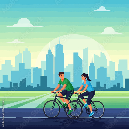 Active Couple Cycling Through Modern Cityscape At Sunrise