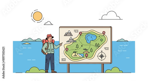 Adventurer Planning Expedition Route On Detailed Island Map Display