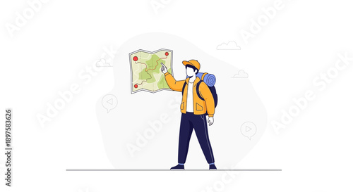Adventurer Planning Expedition With Detailed Map Illustration