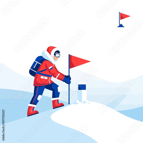 Adventurer Planting Flag Symbolizing Achievement and Reaching New Heights