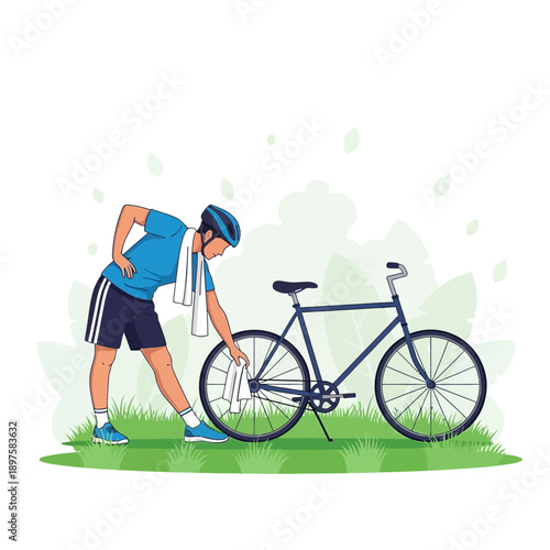 Active Cyclist Maintaining Bicycle After Outdoor Ride Sporty Lifestyle