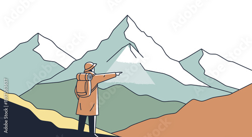 Adventurer Points Towards Majestic Mountain Peaks Scenic Outdoor Exploration Illustration