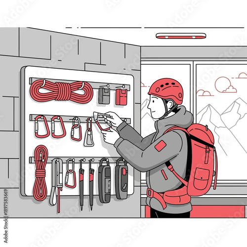 Adventurer Prepares Gear For High Altitude Mountain Ascent Expedition