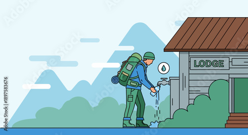 Adventurer Refilling Water Bottle at Mountain Lodge Hydration Station