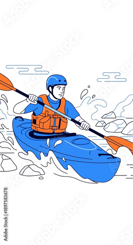 Active Kayaker Navigating Rapids With Paddle Adventure Sport