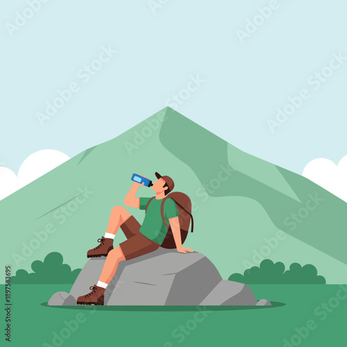 Adventurer Quenches Thirst Amidst Majestic Mountain Scenery