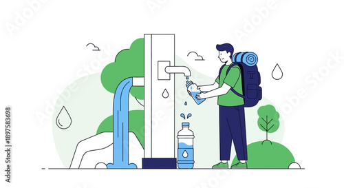 Adventurer Refills Water Bottle From Natural Spring Source For Sustainable Journey