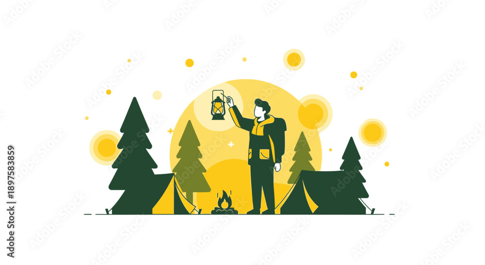 Naklejka premium Adventurous Camper Holding Lantern Amidst Trees and Tents Under Yellow Sky