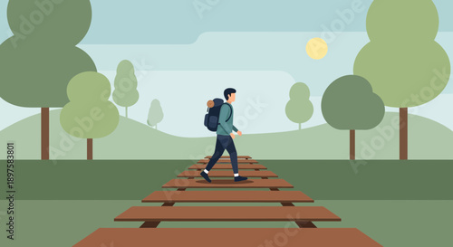 Adventurer Walking Wooden Pathway Amongst Verdant Trees and Sunny Sky
