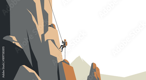 Adventuresome Mountaineer Rappels Down Rugged Rocky Ascent