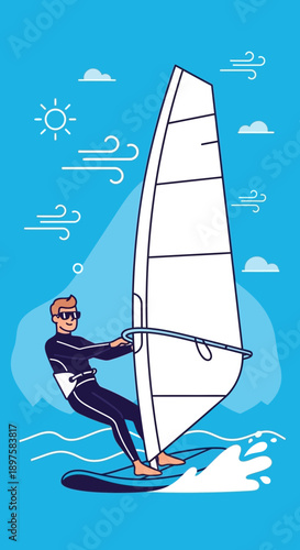 Active Windsurfer Riding Wave Under Sunny Sky On Bright Blue Water