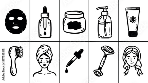 Hand drawn black and white skincare icons set including face mask serum dropper jar pump bottle and spa facial roller lifestyle illustration