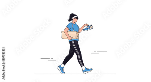 Active Woman Carries Shoe Box and Single Sneaker With Enthusiasm