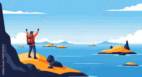 Adventurer With Arms Raised In Celebration Overlooking Islands