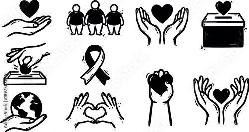 Hand drawn black charity donation box ribbon heart globe awareness raised fist and supportive hands icons set