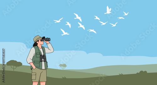Adventurous Birdwatcher Observing Flock in a Vast Landscape