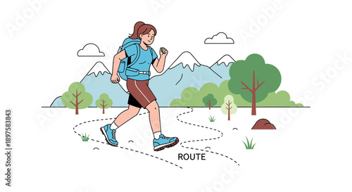 Active Woman Hiking Scenic Mountain Trail With Backpack Adventure