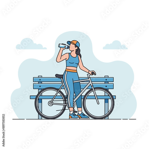 Active Woman Hydrating After Cycling Session Beside Park Bench