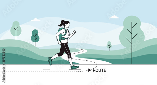 Active Woman Jogging Through Scenic Landscape Following Defined Route