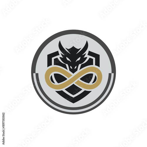 Dragon Shield Logo with Gold Infinity Loop. Vector Guardian Emblem for DeFi, Wealth Management, and Futuristic AI Blockchain Cybersecurity Infinity Technology Digital Power Network Vector Concept