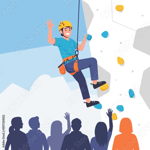 Adventure Climber Ascending Artificial Wall Cheering Crowd Below