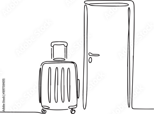 Suitcase standing next to a refrigerator in a simple line art illustration