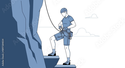 Adventurous Climber Preparing For Ascent On Rocky Summit With Gear And Rope