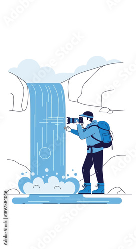 Adventure Photographer Capturing a Serene Waterfall Scene In The Wilderness