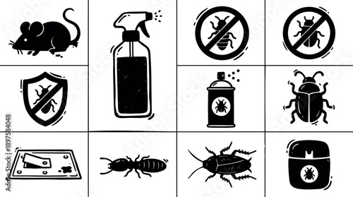 Black pest control icons set with rat, spray bottle, bug shield, aerosol can, termite, cockroach, trap, and pesticide container vector art