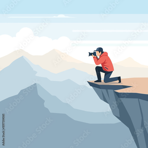 Adventure Photographer Capturing Scenic Mountain Vista From Cliff Edge