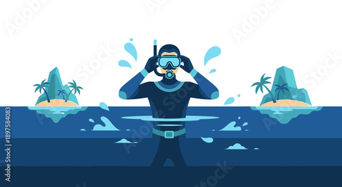 Adventurous Diver Prepares For Underwater Exploration Near Tropical Islands