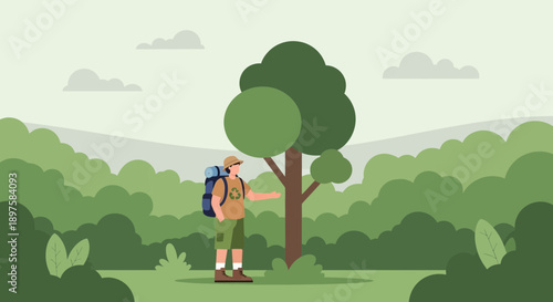 Adventurous Eco-Hiker Exploring Verdant Wilderness Nature Outdoors