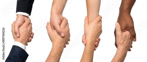 Diverse hands of people forming a supportive human chain, symbolizing unity, assistance, and connection among various individuals.