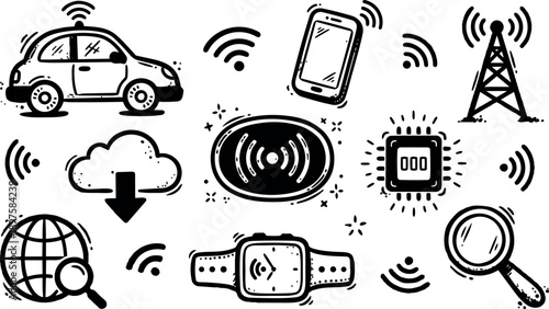 Whimsical doodle vector set of connected devices showing car phone smartwatch router cloud chip magnifier black wifi hand drawn icons