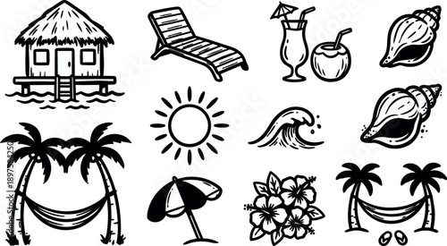 Black and white tropical beach icons set including hammock, palm trees, cocktail, sun, wave, seashell, lounge chair, umbrella, and hibiscus flower vector art