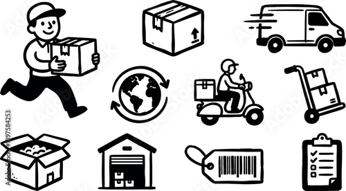 Hand drawn line art delivery and logistics icon set showing running courier carrying package scooter rider van warehouse checklist barcode